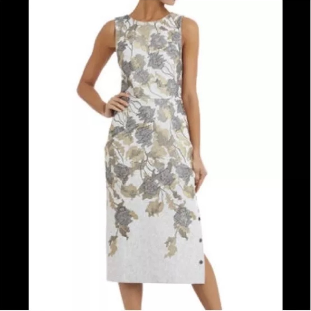 NWT BCBGMAXAZRIA RUNWAY Olivia midi grey dress w metallic floral.